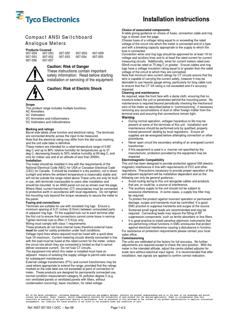 Installation Instructions: Compact ANSI Switchboard Analogue Meters ...