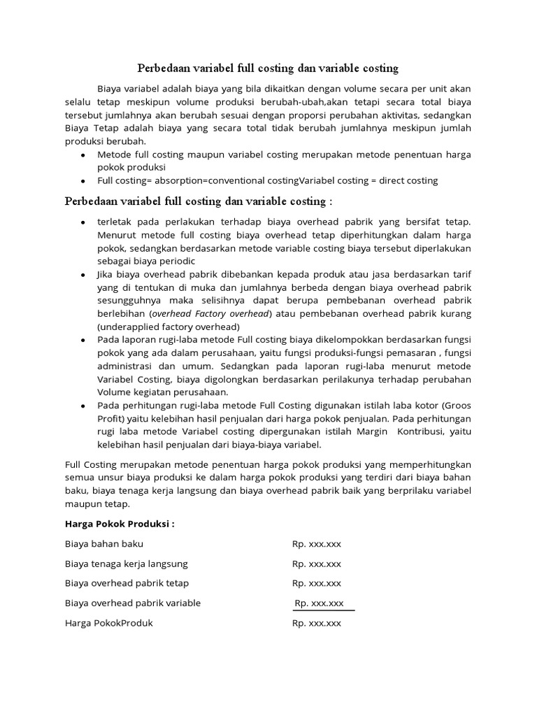 Perbedaan Variabel Full Costing Dan Variable Costing Pdf