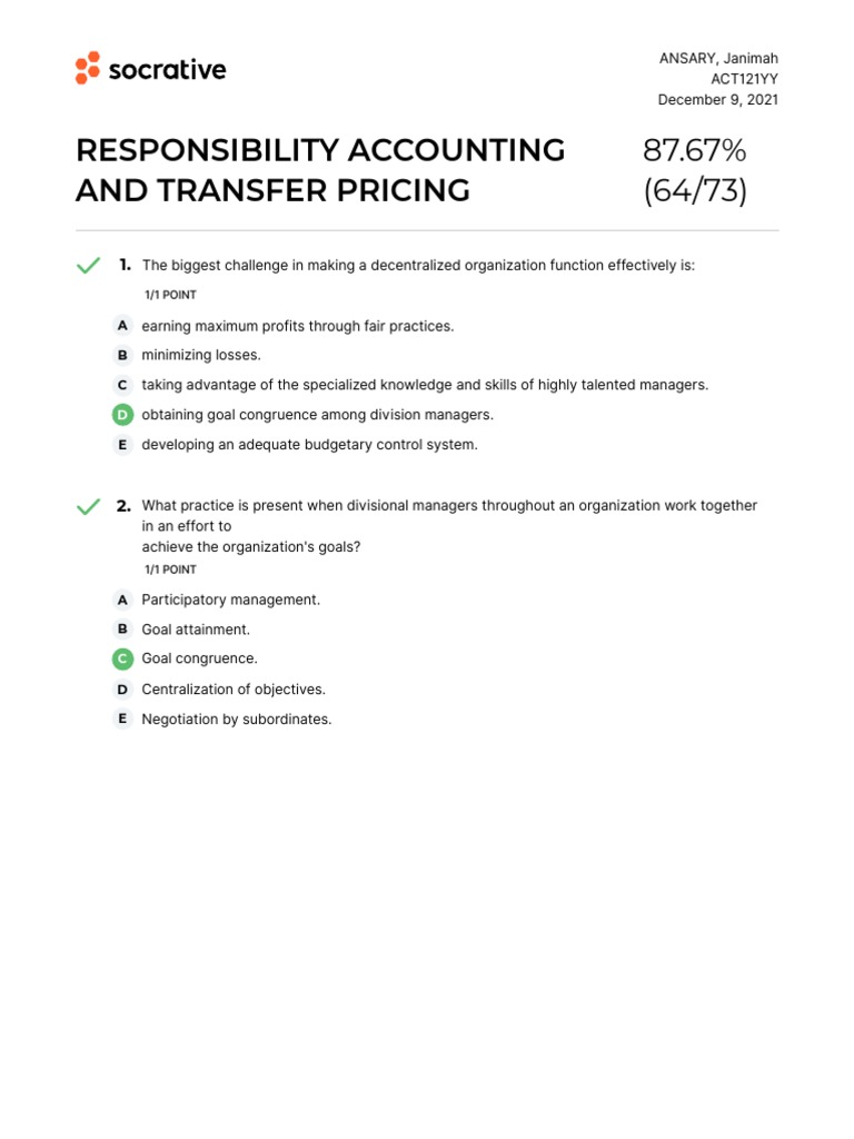 Responsibility Accounting & Transfer Pricing | PDF | Cost Of Capital ...