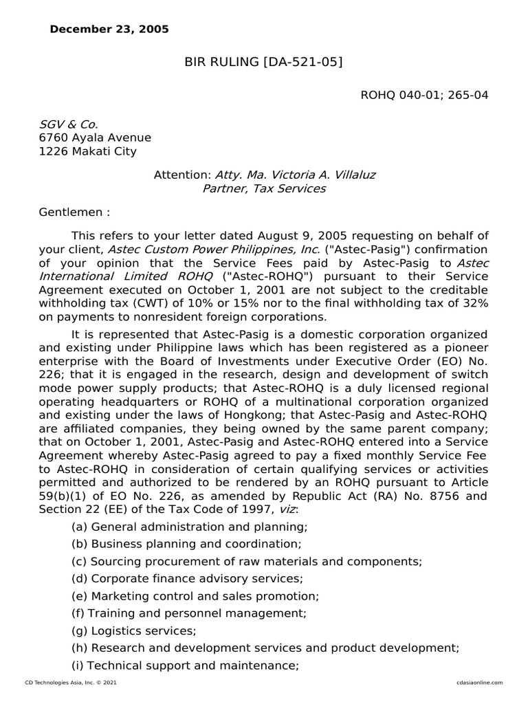 BIR RULING (DA-521-05) : SGV & Co | PDF | Taxes | Gross Income
