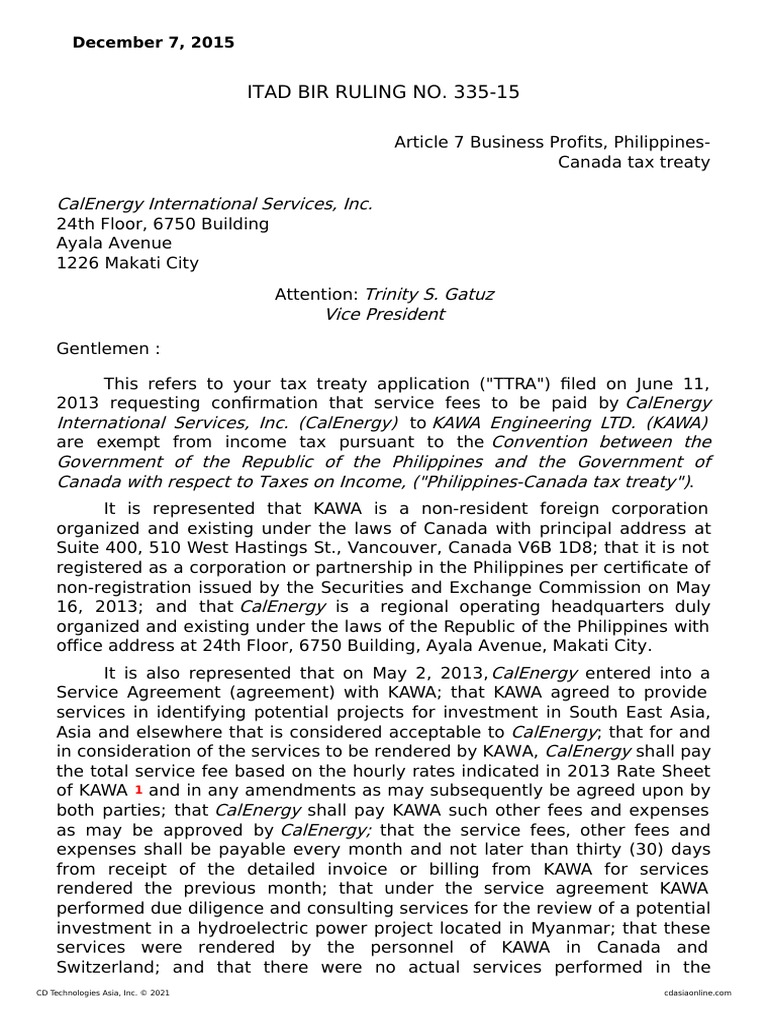 Philippines-Canada Tax Treaty Ruling | PDF | Gross Income | Permanent ...