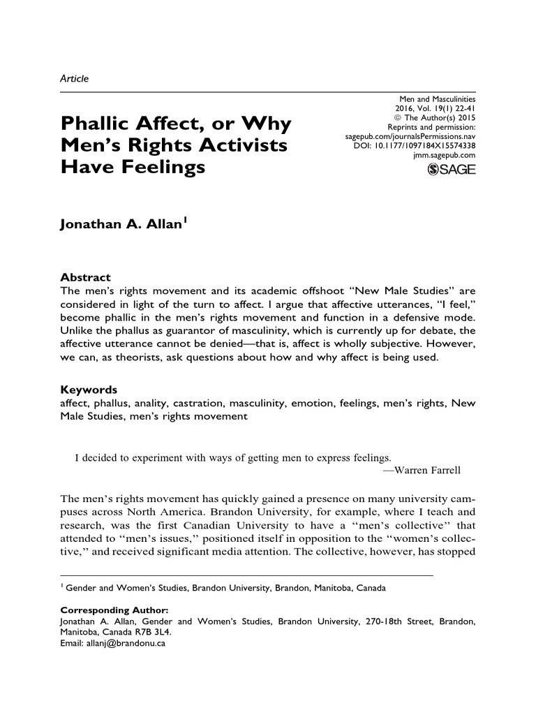 Phallic Affect, or Why Men's Rights Activists Have Feelings: Jonathan A ...
