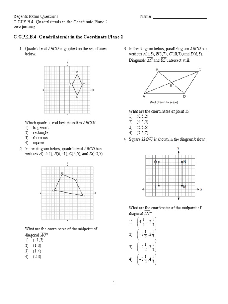 Quadrilaterals Coordinate Plane Worksheet Quadrilaterals In The