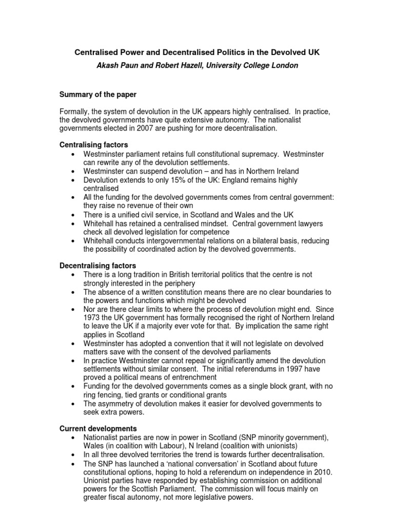 Centralised Power in Devolved UK Politics | PDF | Devolution | United ...