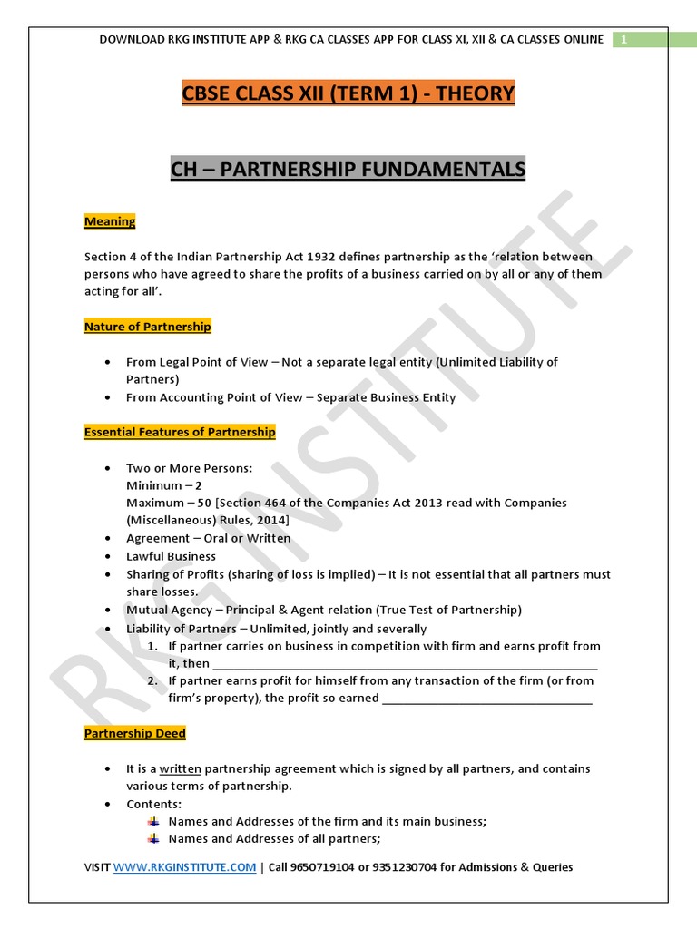 Cbse Class Xii (Term 1) - Theory CH - Partnership Fundamentals | PDF ...
