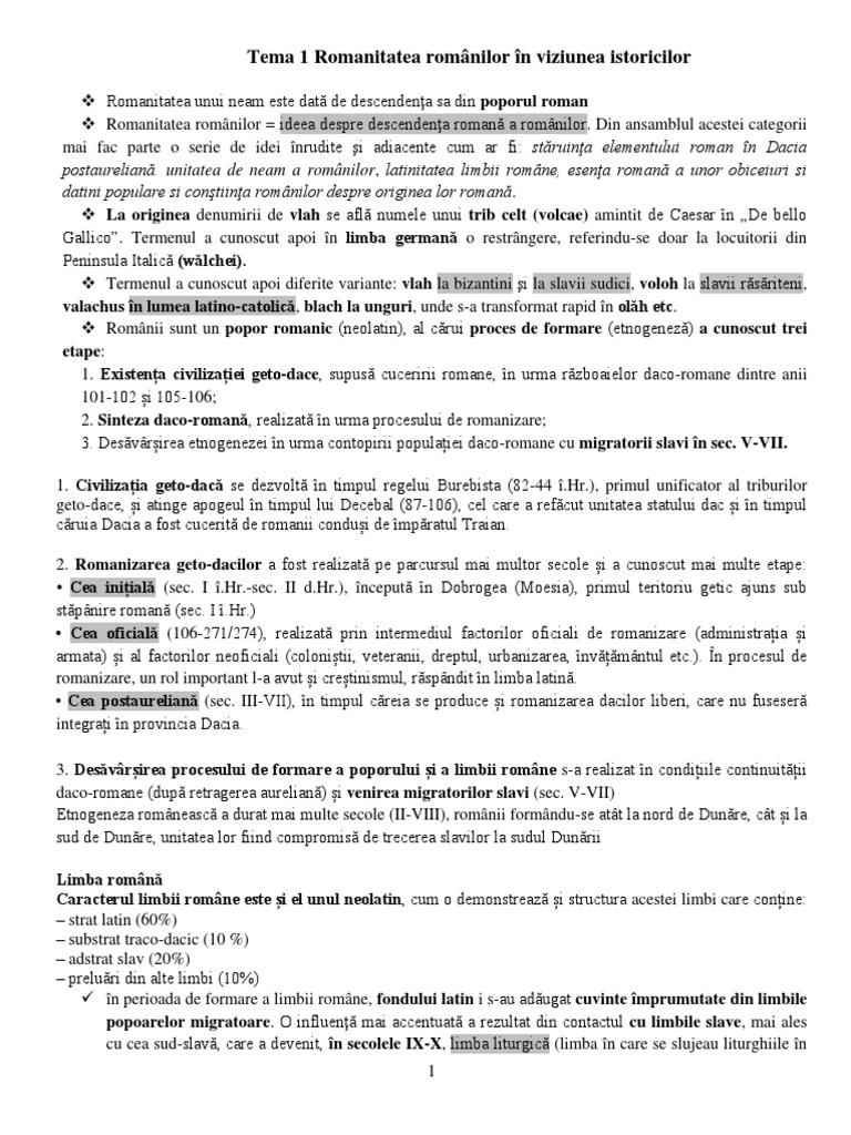 Romanitatea Romanilor In Viziunea Istoricilor Schita Lectiei Tema 1 Romanitatea Românilor În Viziunea Istoricilor | PDF