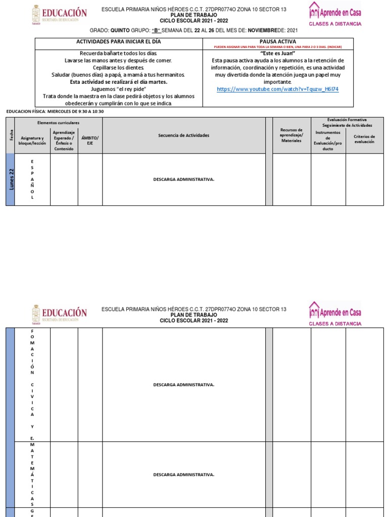 Planeación Del 22 Al 26 De Noviembre De 2021 Pdf