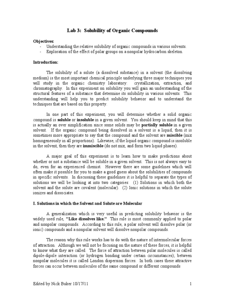 Lab 3: Solubility of Organic Compounds: Objectives | PDF | Chemical ...