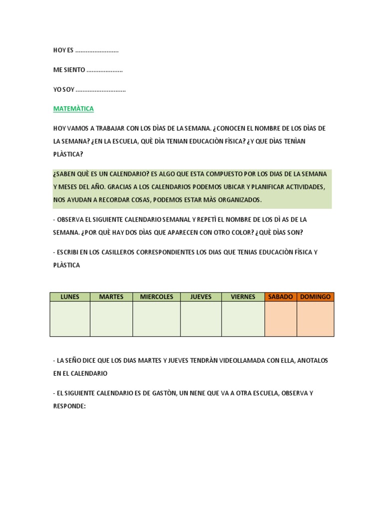 Actividades sobre los Días de la Semana | PDF | Salud y bienestar