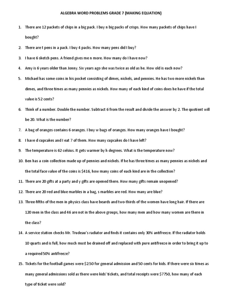 Algebra Word Problems Grade 7 | PDF | Numbers | Rectangle