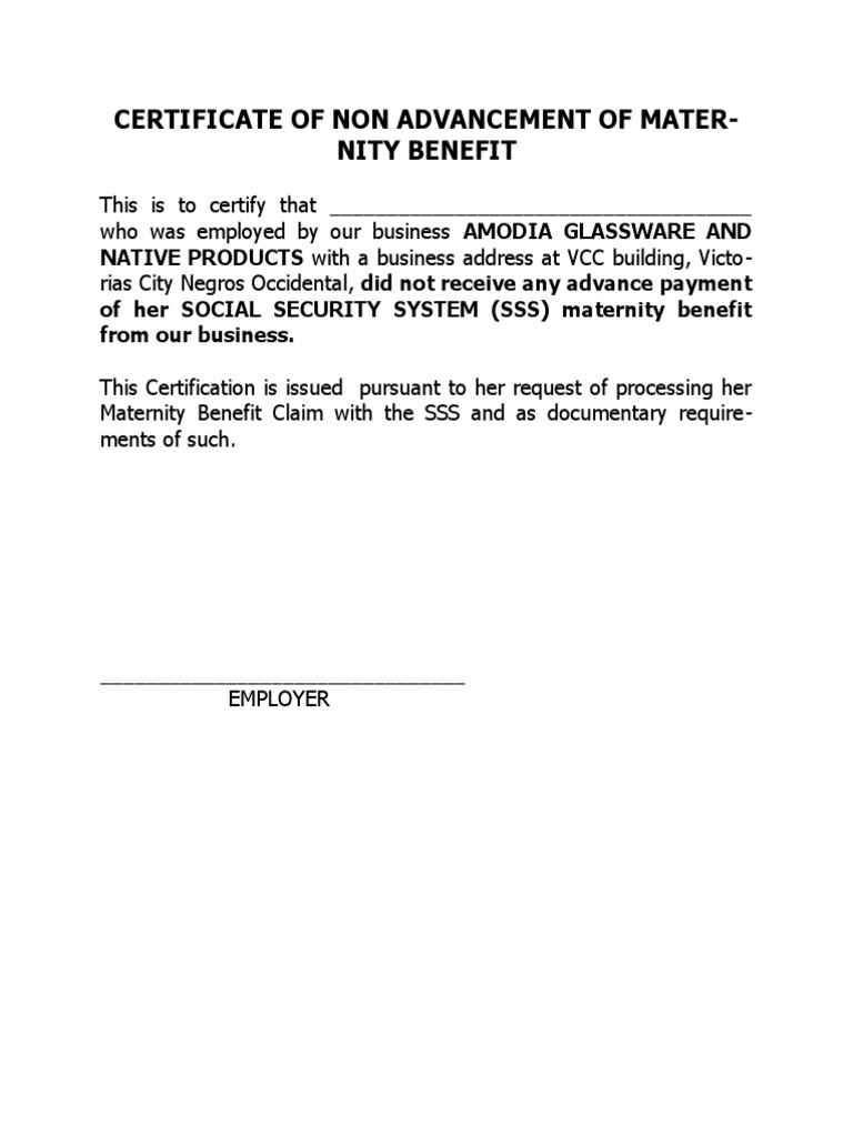 Cert of Non Advancement of SSS Maternity Benefit PDF