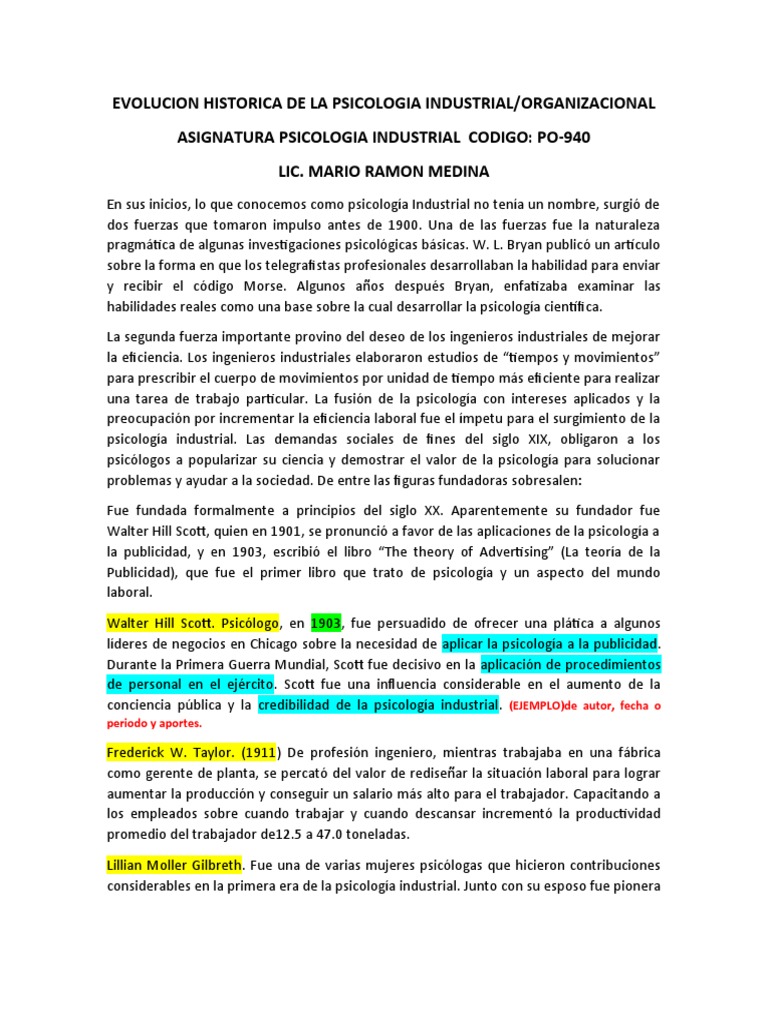 Historia de La Psicologia Industrial PDF Sicología Ingeniería