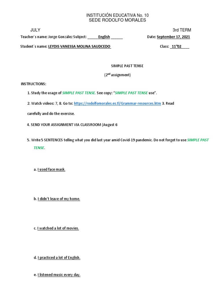 Simple Past Tense Sentences - 2 | PDF