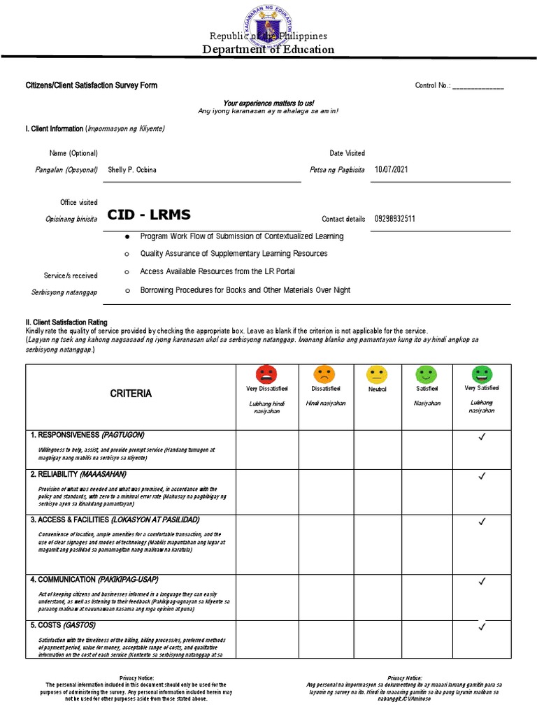 Client or Customer Satisfaction Survey Form CCSS Form PDF Business