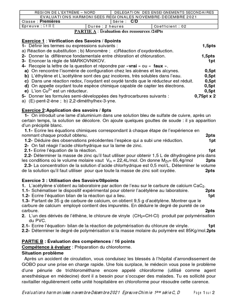 CHIMIE 1ère C D DEC 2021f | PDF | Réaction d'oxydoréduction | Chimie