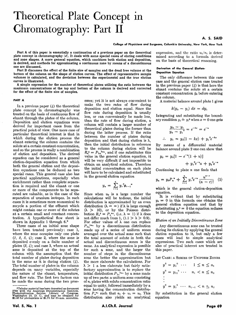 Theoretical Plate Chromatography Concept In S. Sald PDF Elution
