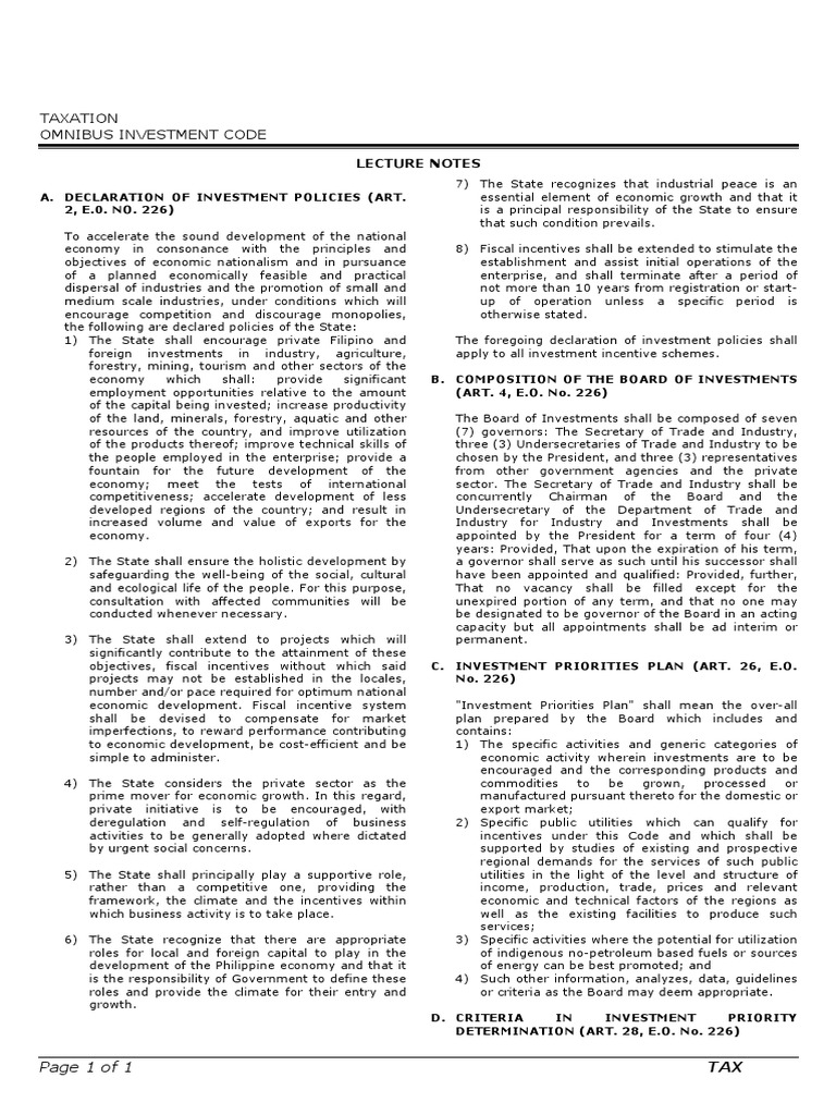 Omnibus Investment Code Overview | PDF | Taxes | Tax Deduction