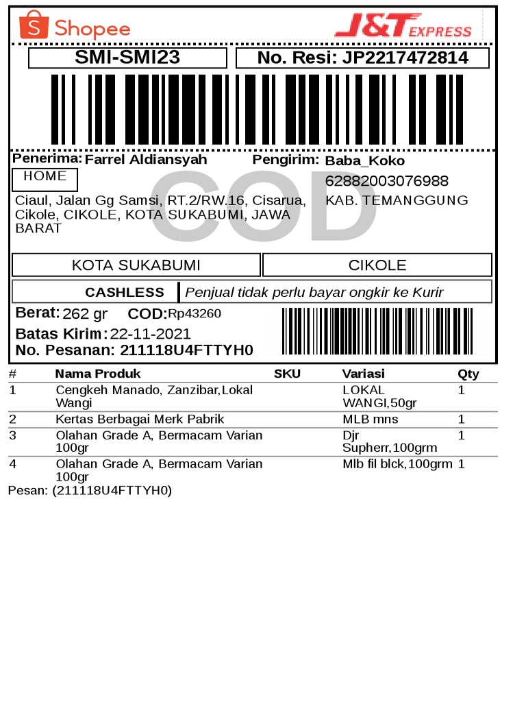 Kertas Pengiriman Paket Shopee COD | PDF