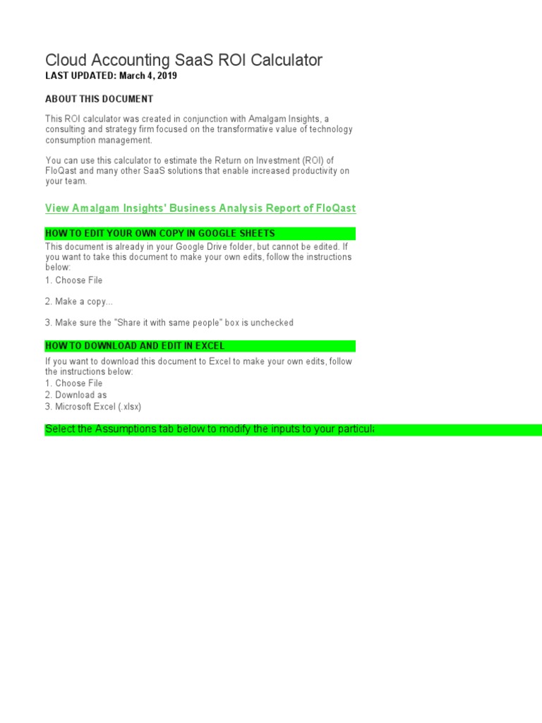 Cloud Accounting ROI Calculator | PDF | Return On Investment ...
