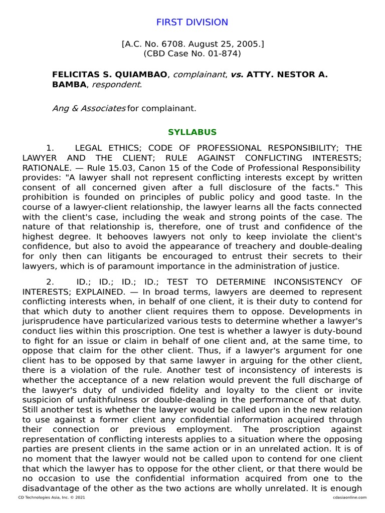 Analysis of an Attorney's Representation of Conflicting Interests in