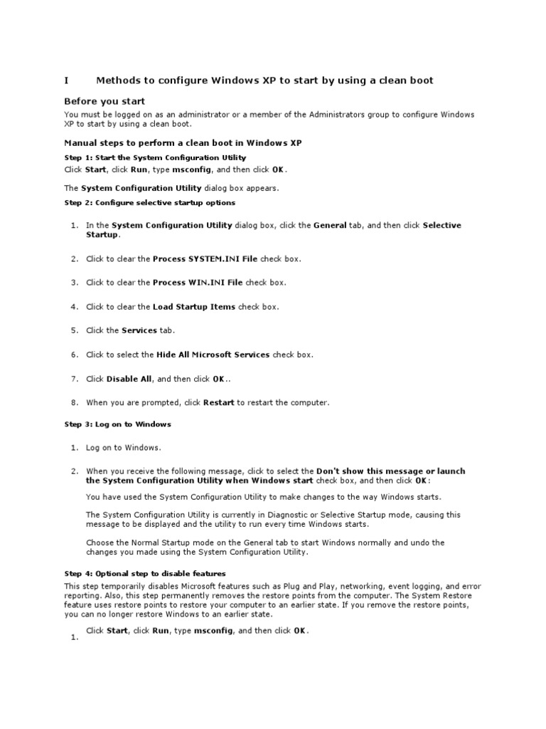 Clean Boot Guide for Windows XP | PDF | Booting | Device Driver
