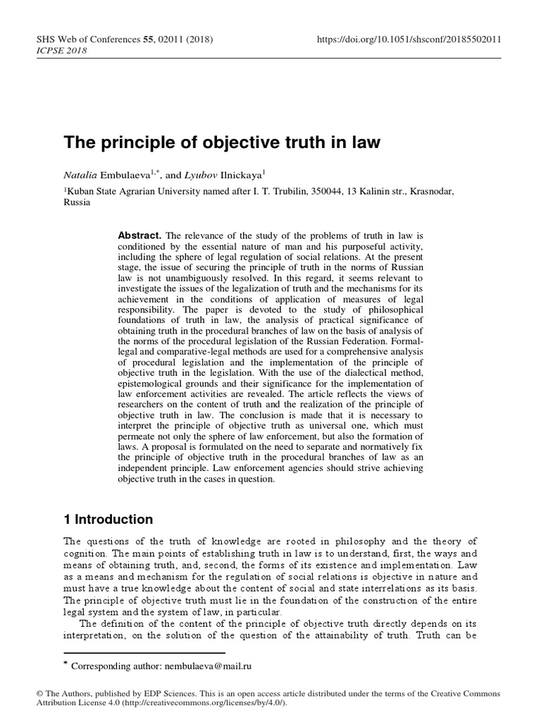 The principle of objective truth in law Nataliа Embulaeva PDF Truth Crime & Violence