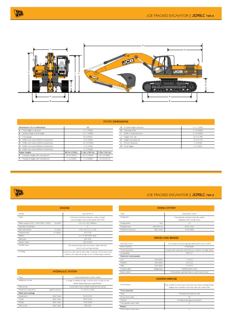JCB JS290 Excavator Specifications | PDF | Manufactured Goods