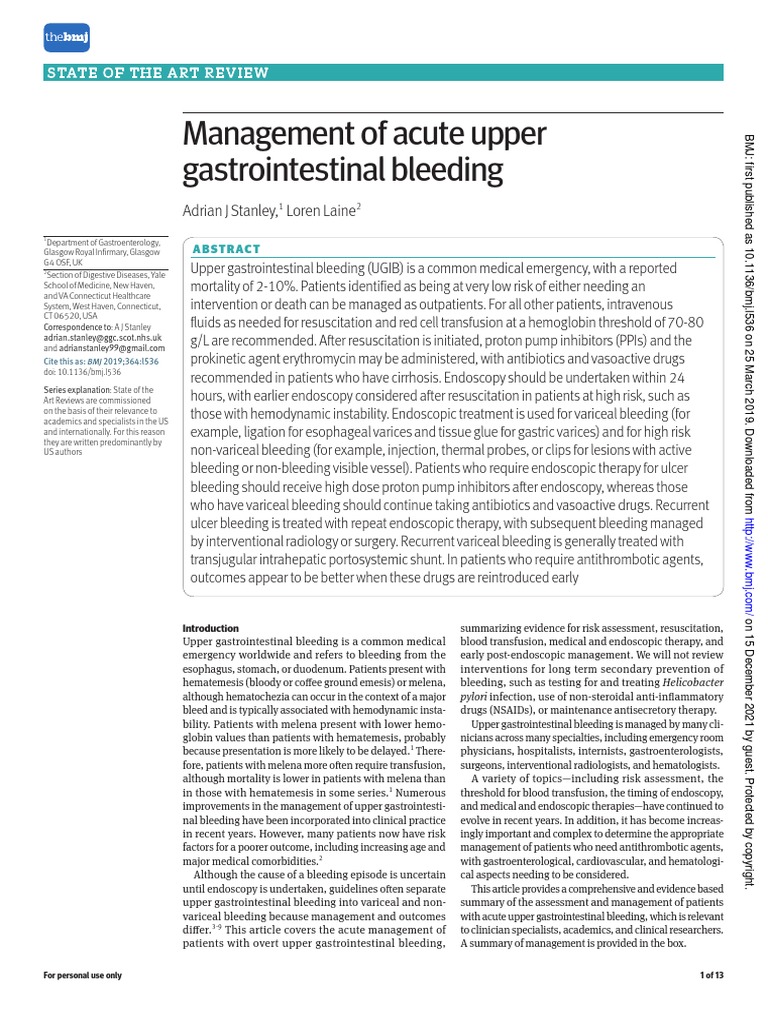 Management of Acute Upper Gastrointestinal Bleeding | PDF | Bleeding ...