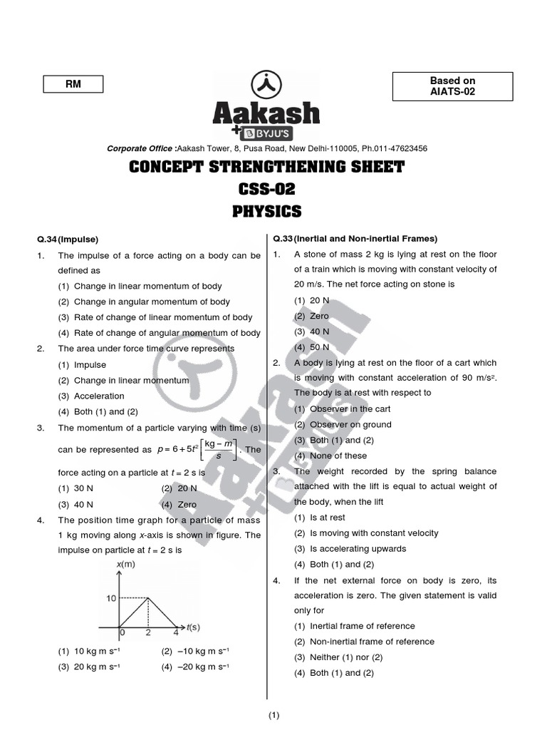 Physics Concept Strengthening Sheet | PDF | Torque | Rotation Around A ...