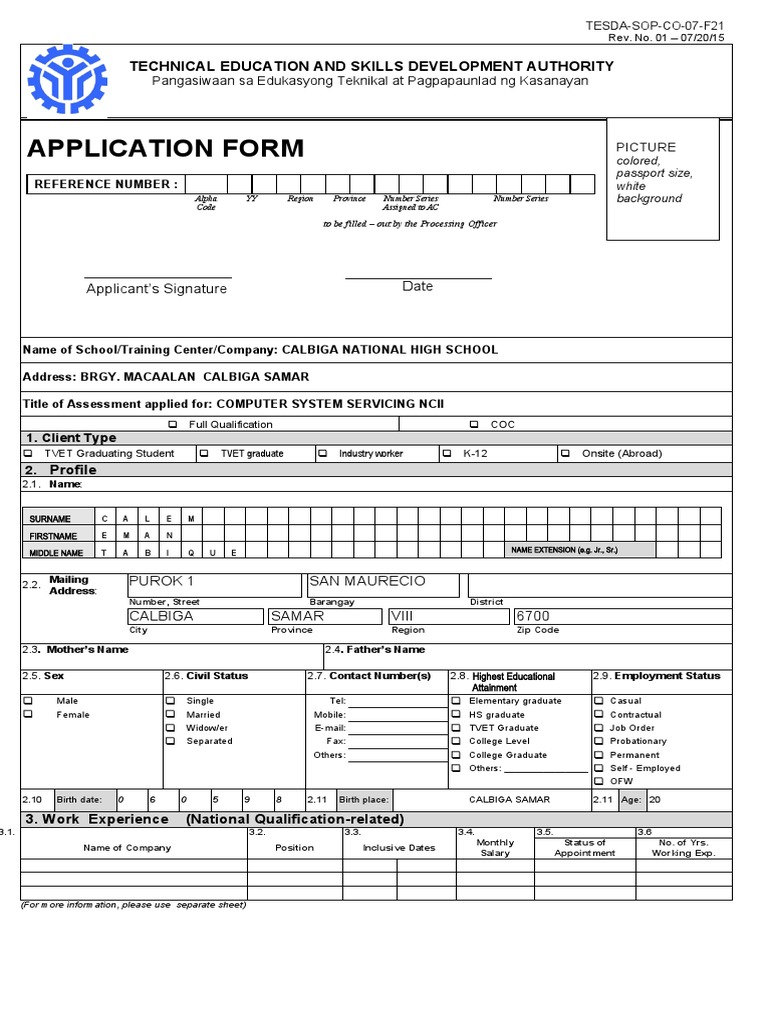 Application Form For Assessment | PDF | Professional Certification