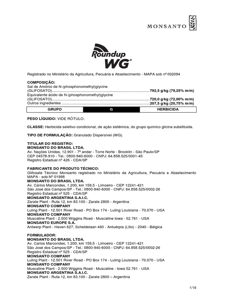 Bula do Herbicida Roundup WG | PDF | Plants