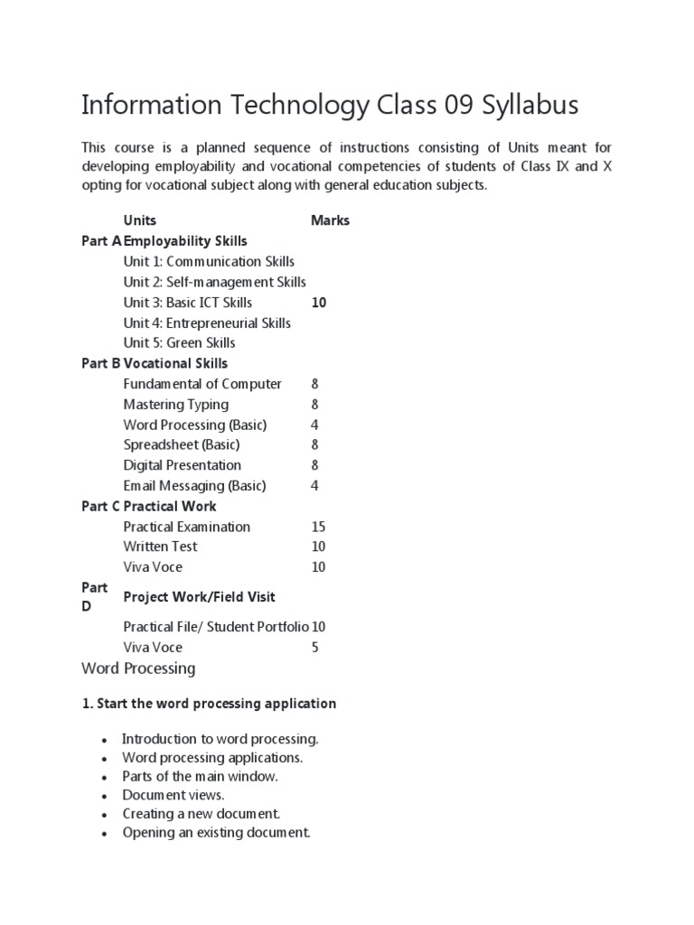 Class 9 Information Technology Syllabus | PDF | Spreadsheet | Graphics