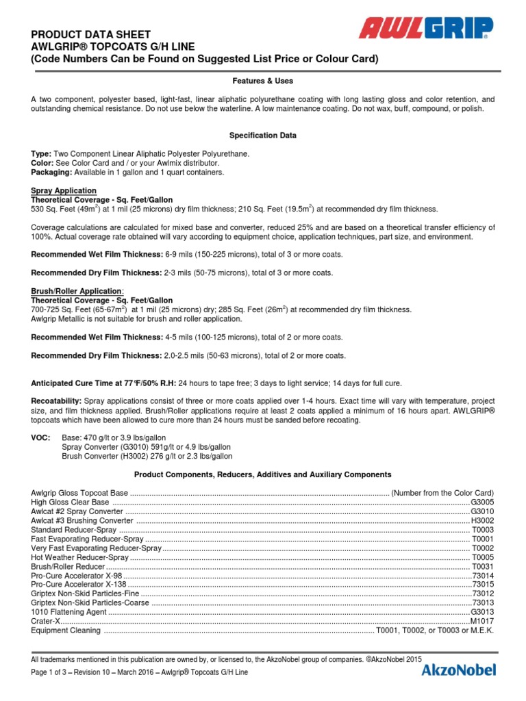 Awlgrip Topcoat Datasheet PDF Chemistry Materials