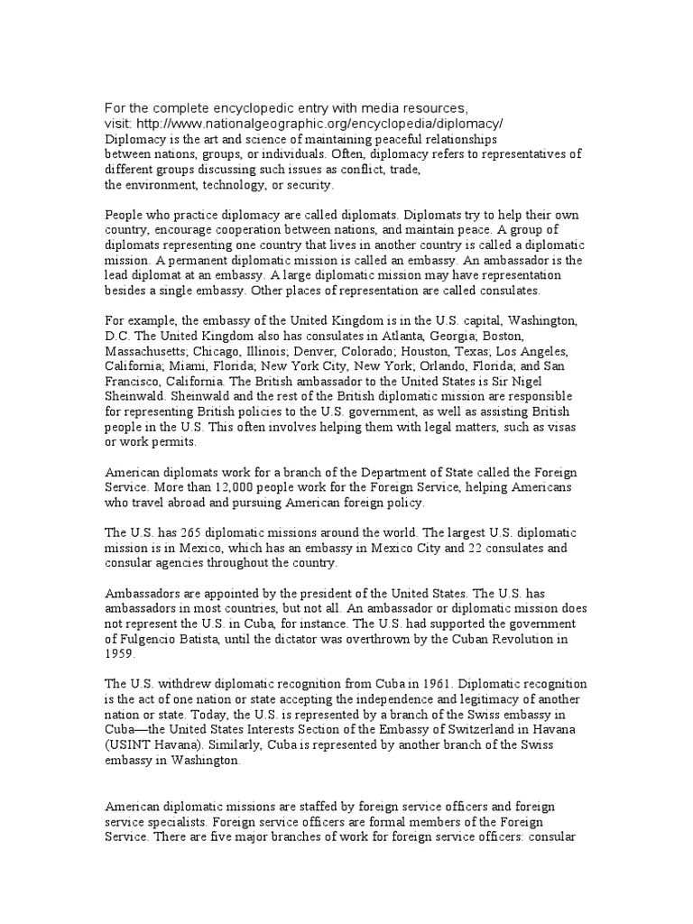 An Overview of Diplomatic Practices and the Roles of Diplomats in