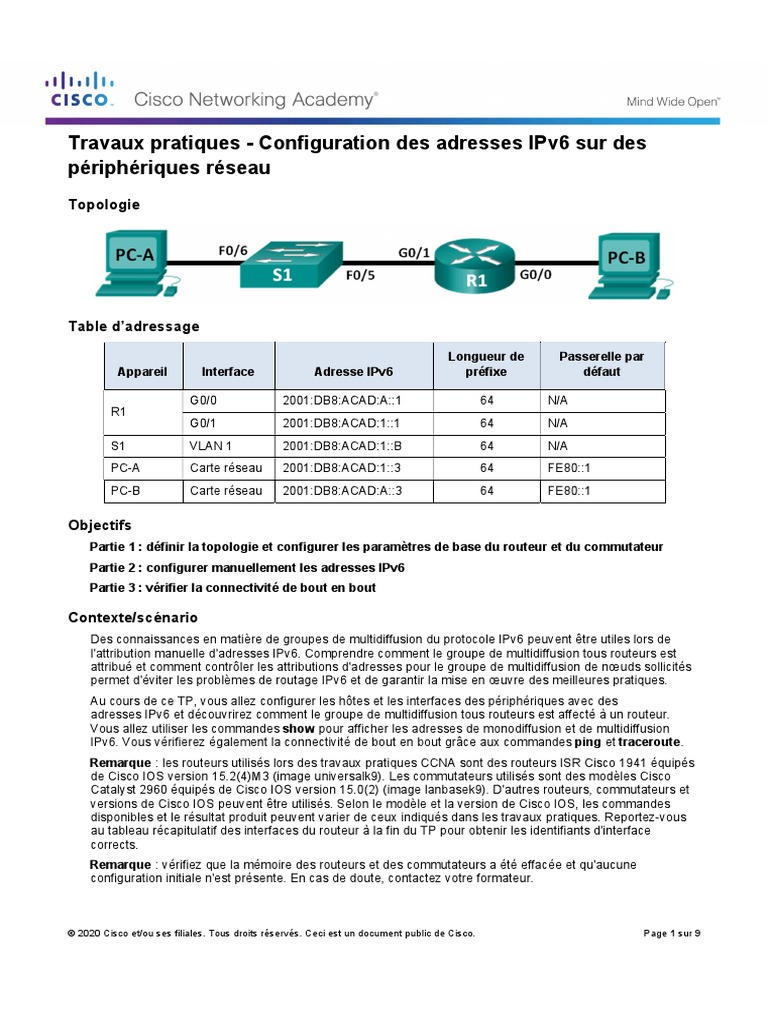 TP3 Lab Configuring IPv6 Addresses On Network Devices PDF