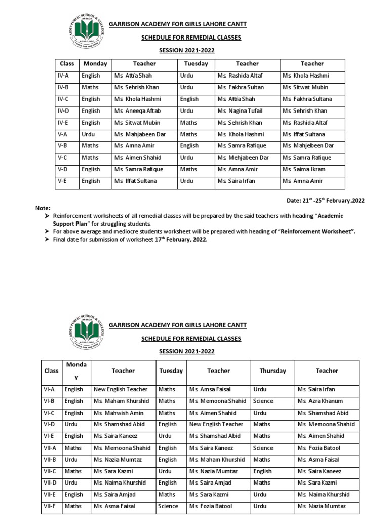 Remedial Classes Schedule PDF