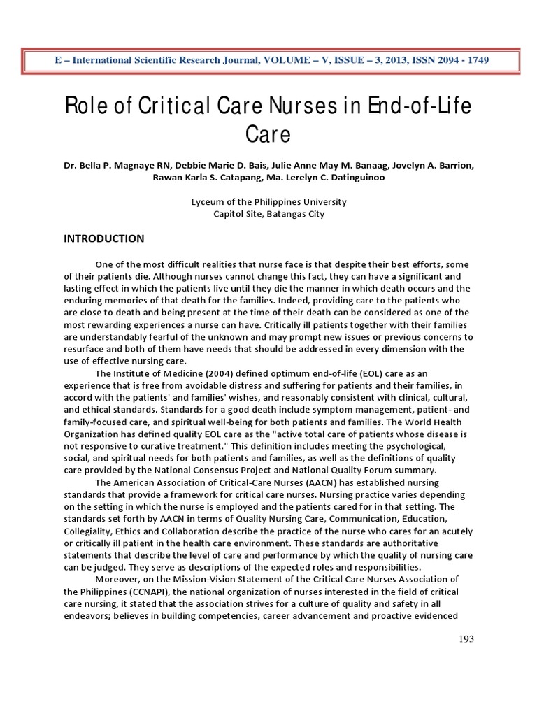 Role of Critical Care Nurses in End-of-Life Care | PDF | Nursing ...