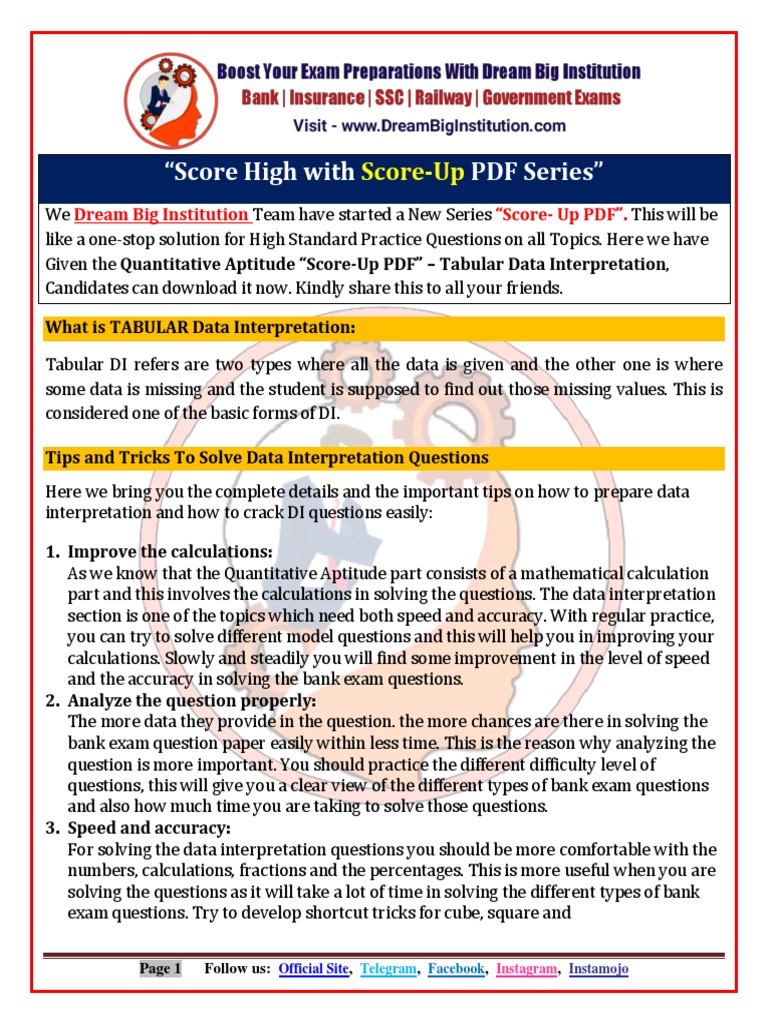 Tabular Data Interpretation Score Up PDF For SBI Clerk Exam Dream Big ...