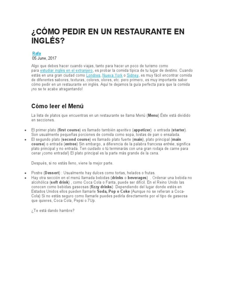 Cómo Pedir en Un Restaurante en Inglés PDF Gratificación Alimentos
