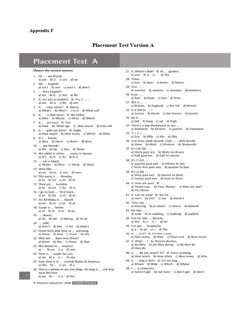 Placement Test Version A Overview | PDF