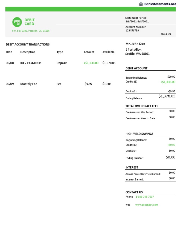 Green Dot Bank Statement Overview | PDF | Debit Card | Financial ...
