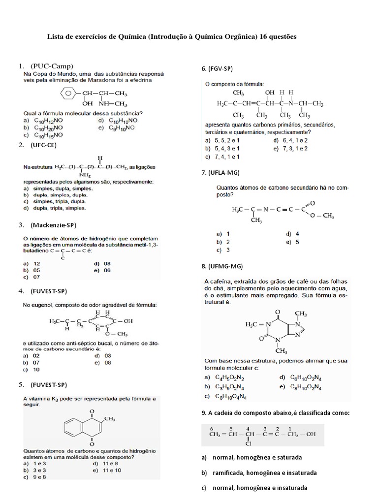 Lista de Exercícios de Química (Introdução À Química Orgânica) 16 ...