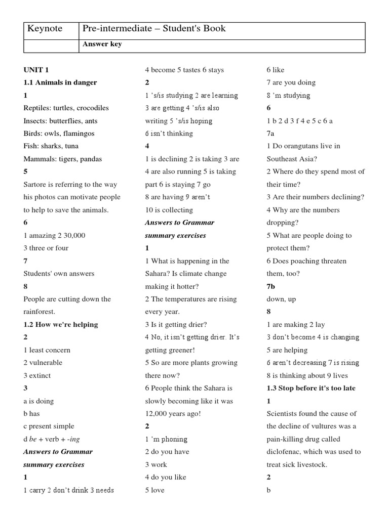 pre intermediate student's book key