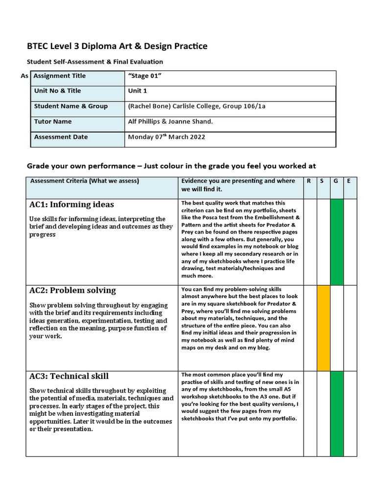 BTEC Level 3 Diploma Art & Design Practice: Grade Your Own Performance ...