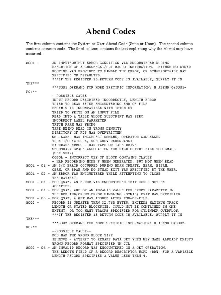 Understanding Abend Codes in JCL | PDF | Computing | Computer Engineering