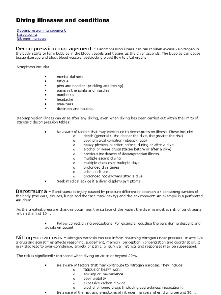 Diving Illnesses and Conditions | PDF | Underwater Diving | Medicine