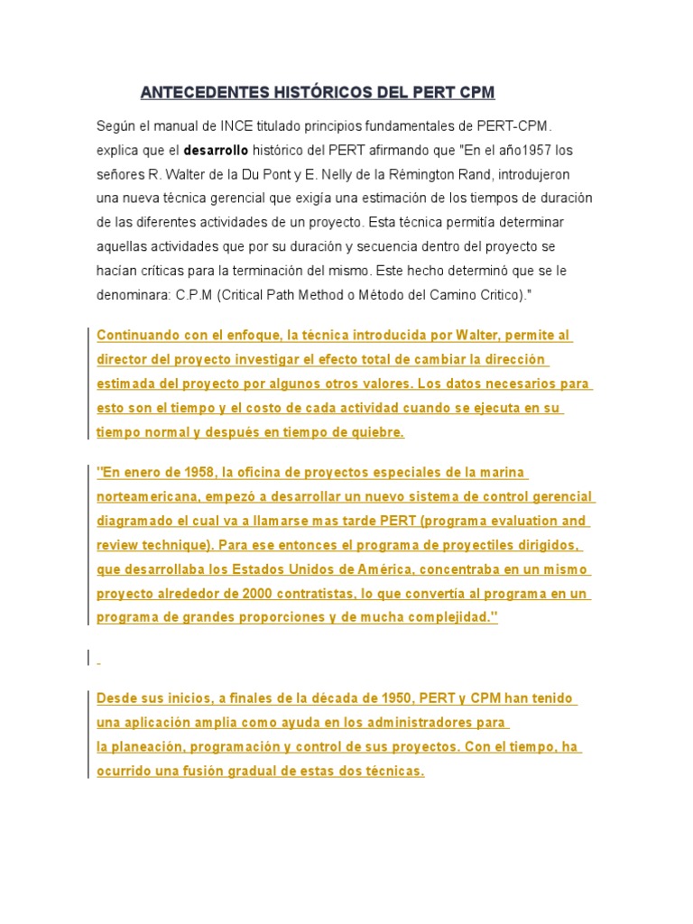 Historia y principios fundamentales del método PERT-CPM | PDF