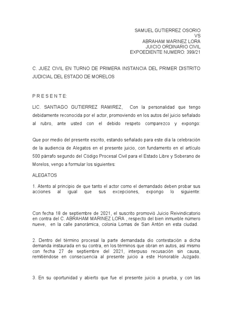 Alegatos Parte Actora Juicio Reividicatorio. | PDF | Justicia | Crimen ...