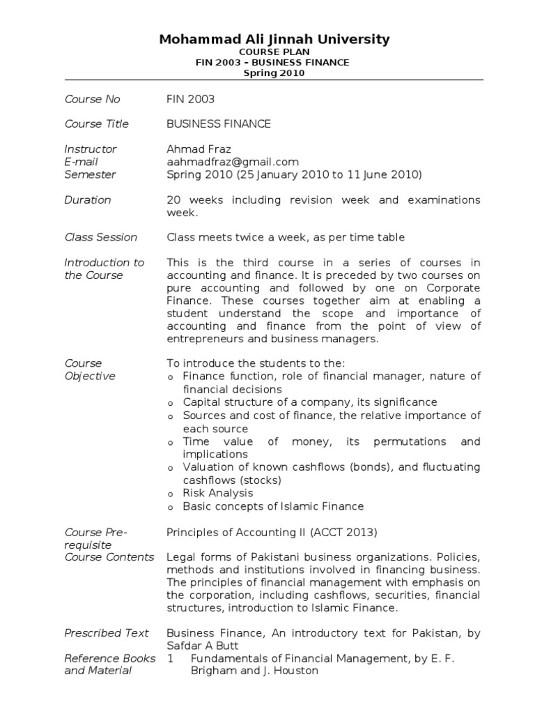 Business Finance Course Plan 2010 | PDF | Capital Structure | Valuation ...