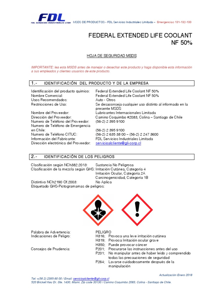 MSDS Federal Extended Life Coolant | PDF | Agua | Combustión